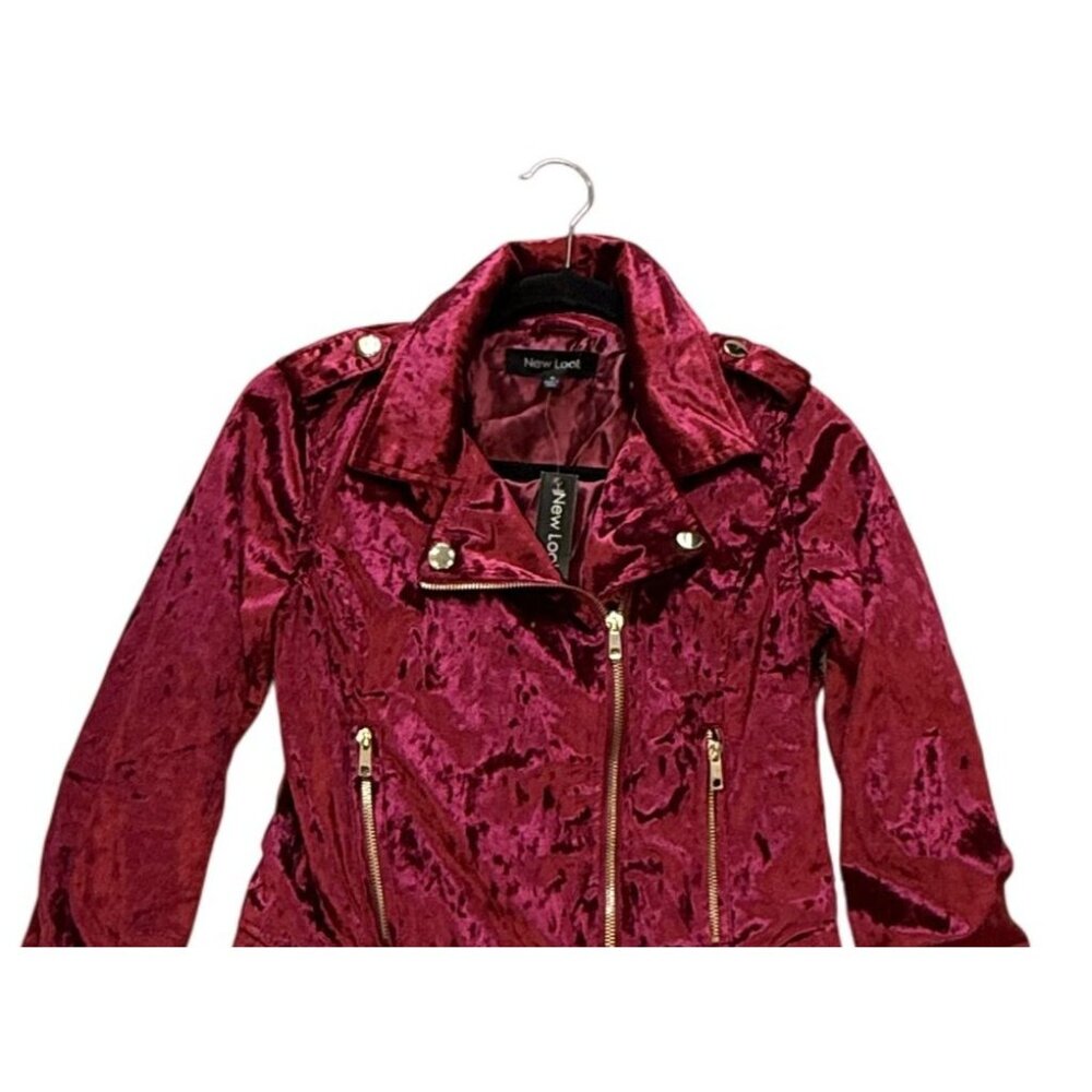New Look Womens Red/Rose Velour Biker Jacket Size S Pockets Goth - Picture 2 of 6